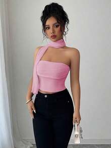 Top de camisola plisado con decoración de bufanda de malla elegante para mujeres - Rosa 2 - Ver 5