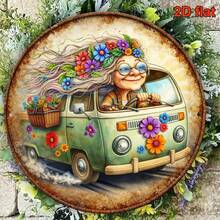 2D Flat, 1pc 8x8 Inch/20x20cm Round Wall Plaque "Hippie Grandma Driving Flower Car" Retro Boho Style Floral Wreath Decorated Van - Vintage Style Suitable For Cafe, Decor - Van Metal Sign, 2D Flat (Random Hole Position) - A - View 7