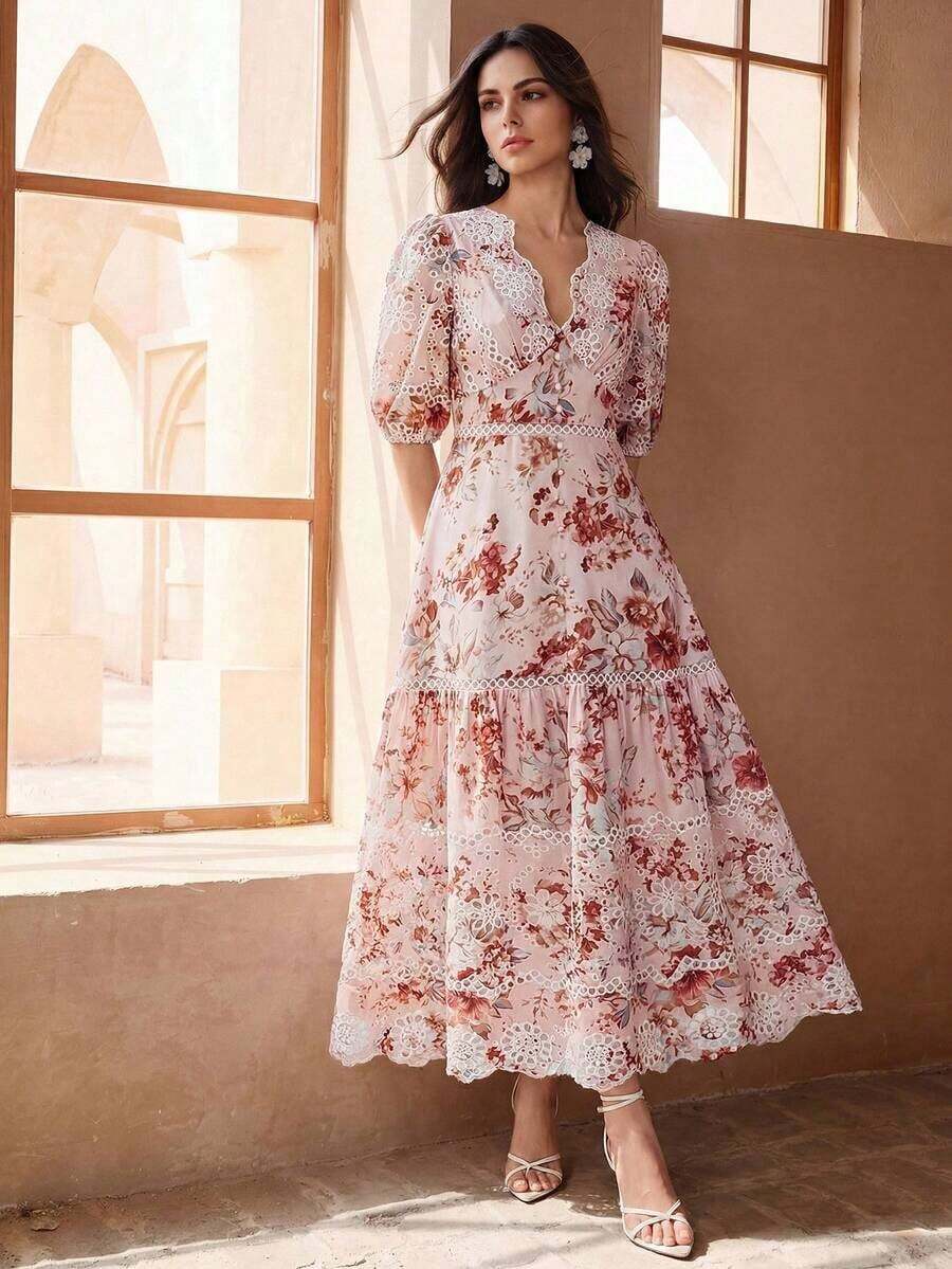 Vestido elegante de línea A ajustado con estampado floral para vacaciones de verano para mujeres - Rosa vieja - Ver 1