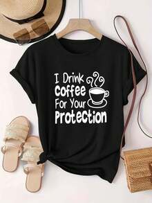 Talla Grande - Talla Grande - Camiseta de Café Oversize para Mujer 0-8XL | Camiseta Casual de Manga Corta con Cuello Redondo en Color Granate y Multicolor con Estampado de Taza de Café, Regalo Drtido para Amantes del Café, Tejido Elástico Medio, Cuello Redondo, Ropa Casual para Todas las Estaciones - Negro - Ver 2