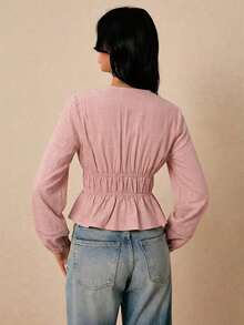 Blusa de manga larga con cuello en V profundo y lazo al frente, elegante para oficina, de unicolor - Rosa vieja - Ver 2