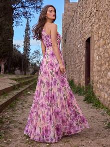 Faeriesty Vestido formal elegante con estampado floral, diseño de un solo hombro con falda plisada - Vestido de lujo adecuado para fiestas de jardín, desfiles de moda modernos, galas elegantes y sesiones de fotos con estilo, esencial para bodas de vacaciones - Rosa - Ver 2