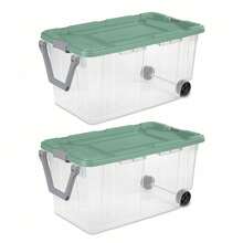 160 Quart Durable Clear Plastic Storage Containers, 2 Pack Extra Large Wheeled Bins With Light Green Latch Lids - Green / Clear - View 9