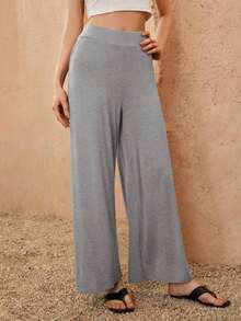 Pantalones holgados de pierna ancha de un solo color tipo palazzo, pantalones casuales de cintura alta y pierna ancha de viscosa negra suelta para mujeres, para uso profesional/de oficina/ropa de trabajo - Gris Claro - Ver 5