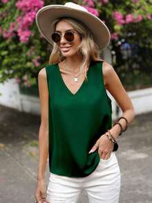 Blusa sin mangas de color sólido, casual para el verano - Verde Oscuro - Ver 3