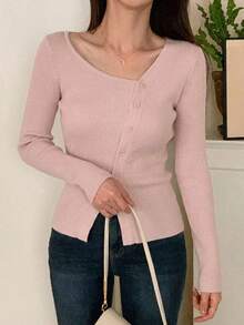 Blusa casual de mujer de punto acanalado con botones y manga corta - Rosa - Ver 4