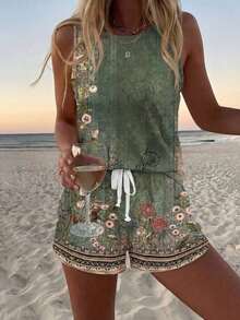 Conjunto de 2 piezas: top de tirantes con cuello redondo y estampado floral vintage casual, y camiseta de manga corta, apropiados para el verano - Verde - Ver 3