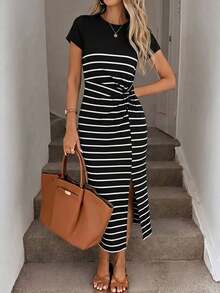 Vestido midi sin mangas con abertura alta, estampado elegante de lazo a rayas rosa, estilo minimalista casual; Vestido de punto de textura casual ajustado para mujer; Conjunto de fitness para mujer; Vestido de invitada de boda para mujer; Atuen - Multicolor - Ver 3
