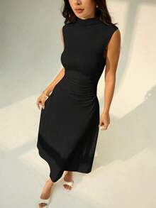 Vestido maxi de línea A con cuello mao, sin mangas, fruncido, color blanco, nuevo para el Día de San Valentín.Elegante y romántico atuendo para citas y trabajo, vestidos de verano para mujer - Negro - Ver 7