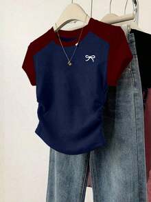 Set de 3 camisetas de mujer de manga corta, cuello redondo, unicolor, con detalle de volantes y estampado de mariposa, de estilo casual y slim para el verano - Multicolor - Ver 5