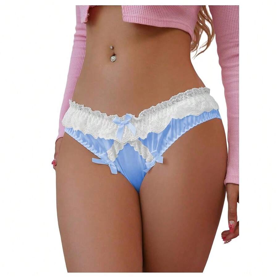 Women's Satin Bow Panty Lace Trim Low Rise Cute Bikini Underwear Silky Panty Brief - 藍色 - 查看 1