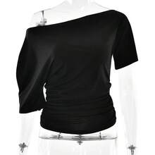 Top corto fruncido con hombros descubiertos para mujer, camisetas básicas de Color sólido con cuello oblicuo, camisetas de manga corta, ropa de calle informal de verano - Blanco - Ver 2