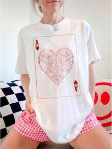 1 Piece 180g Women's T-Shirt, Men's Casual Cotton Crew Neck T-Shirt. Women's Sports T-Shirt. Designed By Y2K Artists In The Bababask Style, Made From 100% Pure Cotton. Vintage Playing Card Design With Roses, Classic Style, Comfortable Short Sleeves. - 白色10 - 查看 1