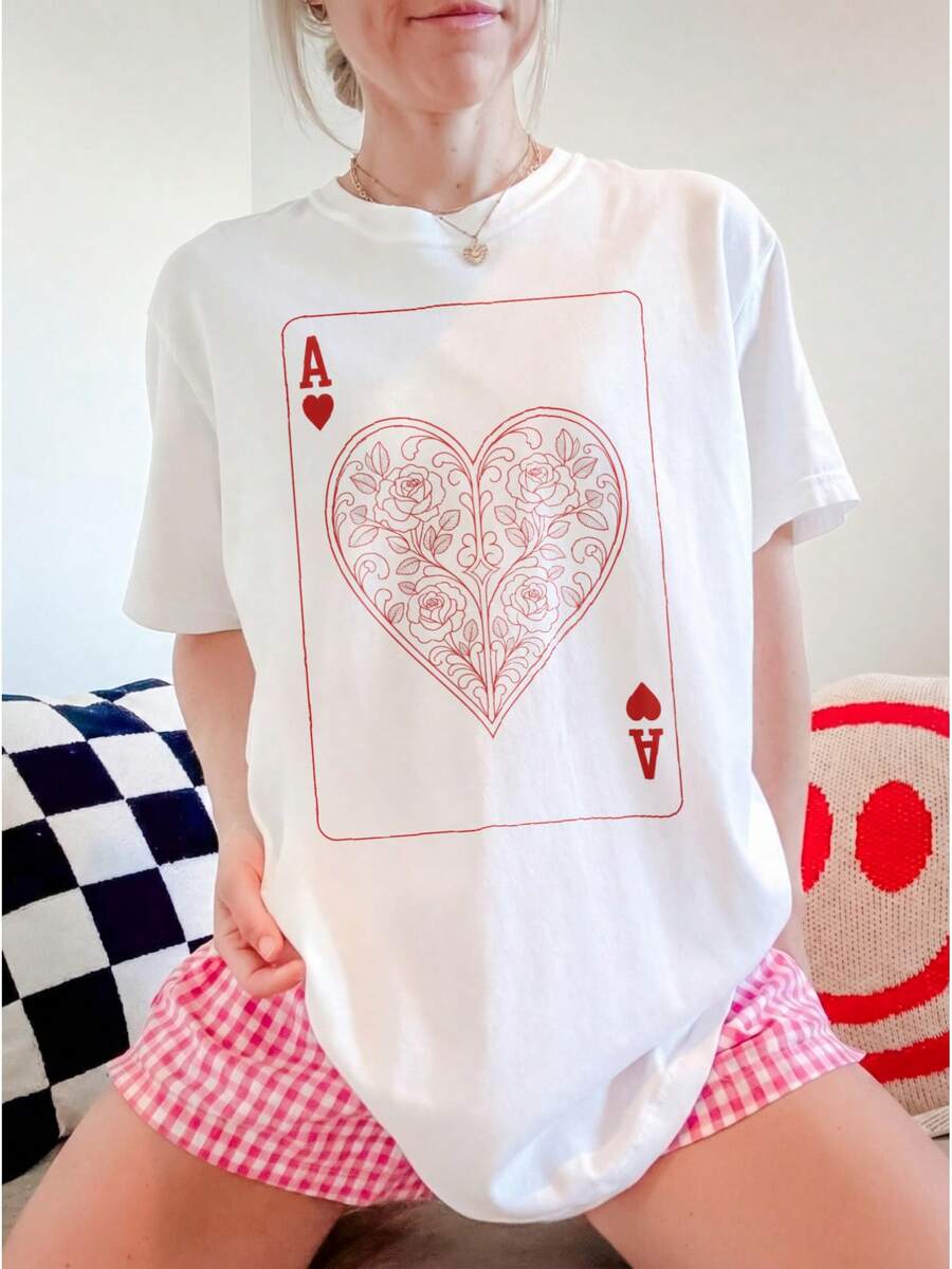 1 Piece 180g Women's T-Shirt, Men's Casual Cotton Crew Neck T-Shirt. Women's Sports T-Shirt. Designed By Y2K Artists In The Bababask Style, Made From 100% Pure Cotton. Vintage Playing Card Design With Roses, Classic Style, Comfortable Short Sleeves. - 白色10 - 查看 1