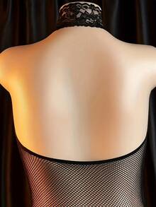 Plus Size Bralette;Mesh Bodysuit With Off-The-Shoulder Sexy Lingerie Open-Crotch Mesh Panties Full-Body Stockings Bodysui - 黑色 - 查看 5