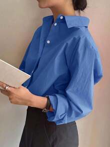 Camisa holgada de mujer de unicolor, de manga larga y de abotonadura sencilla - azul real - Ver 3