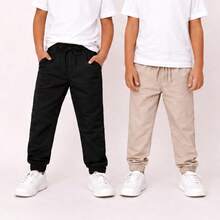 Calça INFANTIL Menino de Sarja Alta Qualidade Slim Criança Social - Preto + Bege - Visão 2