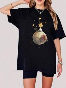 1 Piece 180g Camisera de Algodón para Mujer, Oversize Manga Corta Cuello Redondo con Estampado para el Diario y la Calle,designed by Y2K artists in the Bababask style - Negro 7 - Ver 6