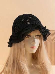 1pc Women's Handmade Crochet Snowflake Hat With Chiffon Ruffle Brim, Knitted Sun Hat, Suitable For Outdoor, Party And Holiday - A - View 4