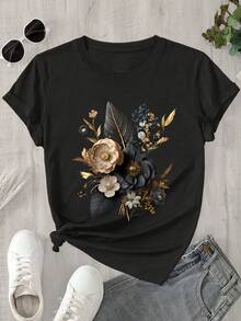 Camiseta de manga corta estampada para mujer - Diseño verde y dorado, cuello redondo, estilo casual, transpirable para primavera y verano, lavable a máquina, corte regular, textura suave. - Negro - Ver 7