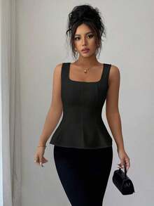 Blusa elegante de cuello cuadrado sin mangas para mujer, adecuada para la oficina, el transporte, el té de la tarde, las fiestas, las vacaciones y ocasiones casuales - Negro - Ver 5