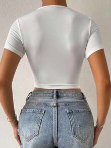 Camiseta casual de mujer con fruncido delantero y cordón - Blanco - Ver 2