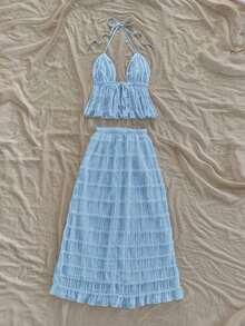 Nuevo top sin espalda con tirantes ajustables y textura, para primavera, verano, Pascua, festivales de música electrónica, estilo occidental para mujer, bohemio, vaquera, modesto, estilo fairy core, vacaciones tropicales, despedida de soltera, - Azul - Ver 2