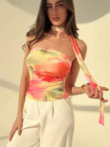 elegante y romántica con estampado de flores y teñido anudado, con volantes sin tirantes.Blusa floral romántica para verano, primavera, fiestas de San Valentín, playa y salidas - Multicolor 4 - Ver 5