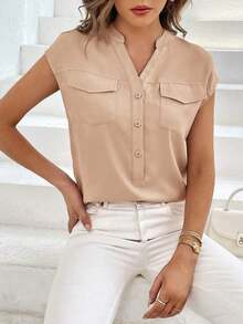 Camisa casual de mujer de unicolor con cuello en V, abotonadura sencilla y bolsillo - Caqui - Ver 5