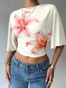 Blusa de verano para mujer con diseño de manga murciélago, cuello redondo, fruncido y estampado floral de tinte de agua en tonos cálidos, ideal para playa/vacaciones, un look casual, minimalista y elegante - Multicolor - Ver 10