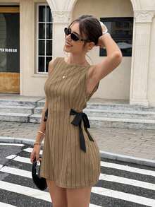 Vestido coreano de mujer con estampado de lunares, lazo y tirantes versátil y de moda - Caqui - Ver 6