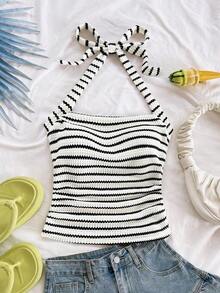 Parte superior corta ajustada con cuello de halter casual para vacaciones de mujer, verano de mujer, sin espalda, ropa de vacaciones de mujer, lunares, primavera de mujer, verano, parte superior para salir de mujer, vacaciones de mujer - Blanco y Negro - Ver 1
