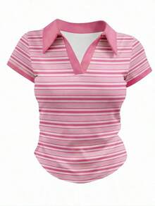 Camiseta de manga corta minimalista de unicolor para mujer, uso casual de todos los días - Rosa Pálido - Ver 1