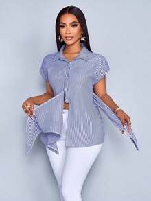 Camisa con botones y estampado de rayas para mujer, blusa casual y elegante con lazo delantero con estampado de rayas - azul real - Ver 3
