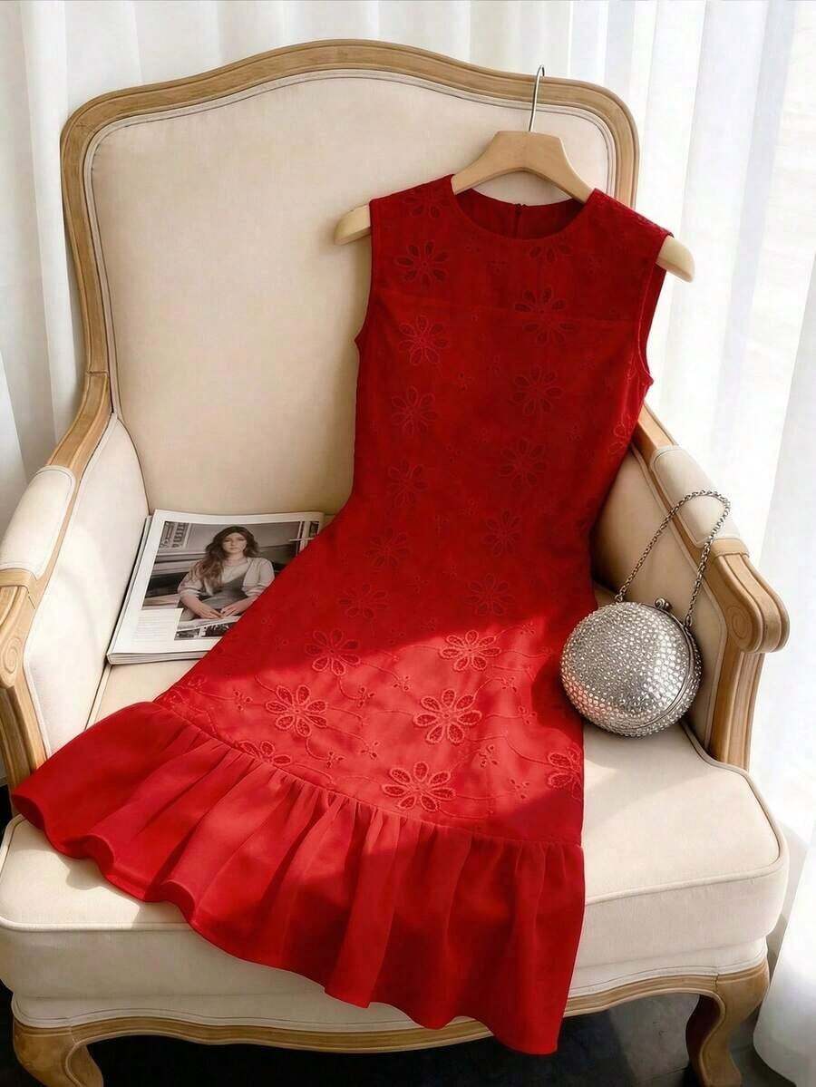 Vestido camisero elegante y romántico para mujer, con cuello redondo, sin mangas, plisado de gasa y bajo en línea A, color blanco - Rojo - Ver 1