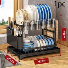 1 set de 2 niveaux de rack de séchage et de rangement de vaisselle en métal robuste avec plateau de drainage - organisateur de cuisine gain de place avec étagères supérieures et inférieures, porte-ustensiles et crochets pour tasses, convient pour ranger et sécher les bols, les baguettes, les assiettes, les fourchettes, les cuillères, les planches à découper, les couteaux et autres ustensiles. Rack de séchage de vaisselle de cuisine compact, design moderne résistant à la rouille pour la maison, rack de séchage de vaisselle pour plan de travail de cuisine, rack de rangement de cuisine, rack de séchage de vaisselle - Multicolore - Voir 12