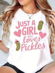 Camiseta de manga corta para mujer con cuello redondo, estampado gráfico "Just A Girl Who Loves Pickles", camiseta casual de verano. - Blanco - Ver 1