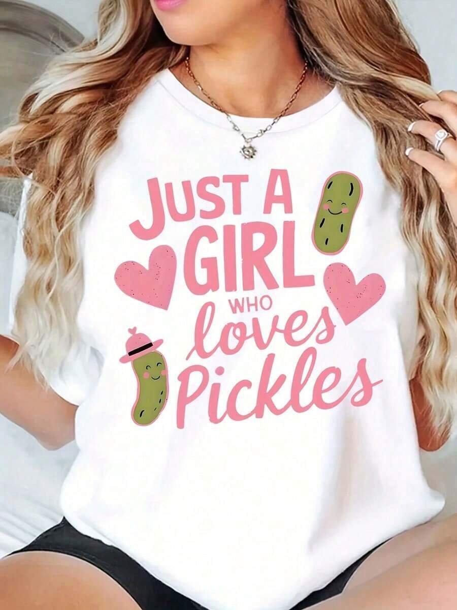 Camiseta de manga corta para mujer con cuello redondo, estampado gráfico "Just A Girl Who Loves Pickles", camiseta casual de verano. - Blanco - Ver 1