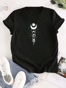 Solt 1pscWomen's Loose Printed T-shirtCamiseta de hombros caídos con estampado de luna y solcamisas de mujer blusa100%cotton graphic - Negro - Ver 1