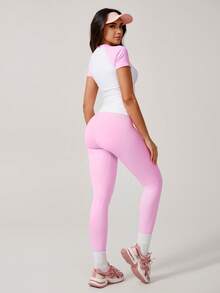 NcmRyu Women's Color Block Elastic Crew Neck Short Sleeve Top And Pants Sports Suit, 1 Set - Pink - View 3