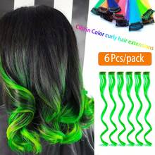 6 pièces Extensions de cheveux bouclés clip-in verts, 18 pouces de long, cheveux synthétiques colorés bouclés pour femmes. Convient pour se déguiser, les fêtes de mode, peut être utilisé comme cadeau pour les femmes, également applicable pour les festivals de musique, accessoire de cheveux pour la Coupe du monde - Multicolore - Voir 2