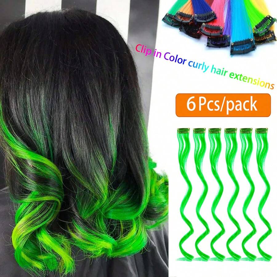 6 pièces Extensions de cheveux bouclés clip-in verts, 18 pouces de long, cheveux synthétiques colorés bouclés pour femmes. Convient pour se déguiser, les fêtes de mode, peut être utilisé comme cadeau pour les femmes, également applicable pour les festivals de musique, accessoire de cheveux pour la Coupe du monde