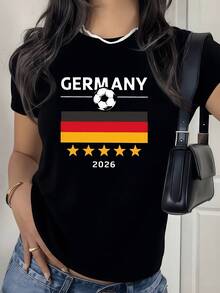 Bandera alemana con balón de fútbol y estrellas doradas que simbolizan la pasión deportiva y el orgullo nacional camiseta de mujer moderna y cómoda 2026 - Negro - Ver 8