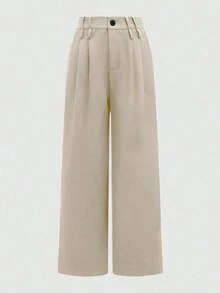 Pantalones anchos de primavera casuales para mujer  estilo de pierna recta holgada, diseño de cintura único de unicolor, adecuados para la oficina y el uso diario, versátiles y favorecedores - Albaricoque - Ver 9