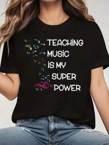 Camiseta casual de manga corta y cuello redondo para mujer con estampado de texto temático de profesora de música, para salidas diarias, primavera-verano - Negro - Ver 1