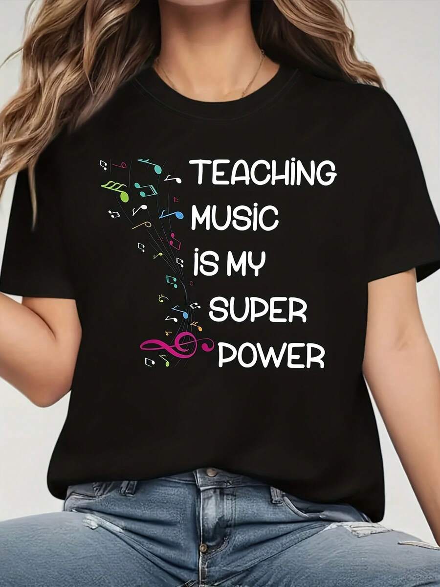 Camiseta casual de manga corta y cuello redondo para mujer con estampado de texto temático de profesora de música, para salidas diarias, primavera-verano - Negro - Ver 1