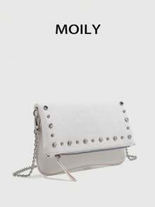 1pc Rivet Design Shoulder Crossbody Square Bag, PU Material, Metal Chain, Zipper Closure, Suitable For Shopping, Dating, Commuting, Party, Gift Giving - White - View 7