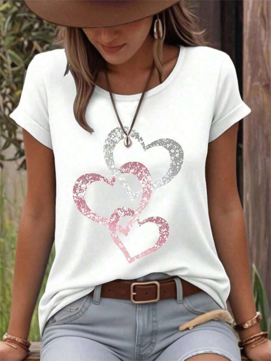 Camiseta casual de manga corta con cuello redondo y estampado de corazones para mujeres de talla grande, adecuada para camisetas gráficas de verano, tops para mujer. - Camiseta unisex de estilo vintage urbano, holgada, de algodón 100% puro. - Blanco - Ver 1