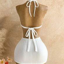 Summer Outfit For Women Summer Dress Party Outfit Beach Dress White Dress Women's Solid Color Shell Decor Cutout Waist Backless Halter Mini Dress, Vacation - Blanco - Ver 3