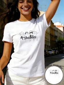 Women's Regular Fit Short Sleeve T-Shirt - 2D Geometric Graphic Print With Four Cartoon Character Heads And "4ShoBoiz" Text In The Center, Casual Short Sleeve Crew Neck Top, Suitable For All Seasons, Available In Multiple Colors And Sizes - High Quality - 白色 - 查看 1